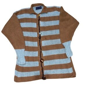 🧥🎨 BAYADERE Artisan Folk Art Striped Knit Cardigan Sweater Blue Tan | Unisex L